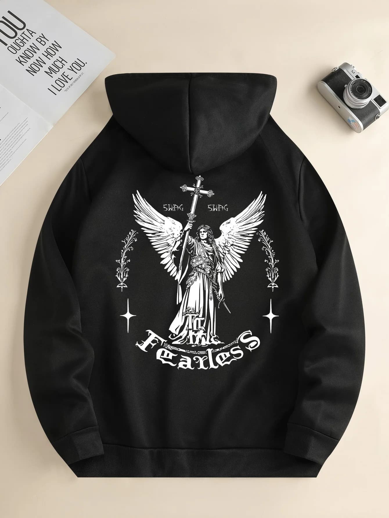 New men's trendy autumn and winter hoodies casual drawstring daily hooded sportswear with angel print front kangaroo men's tops