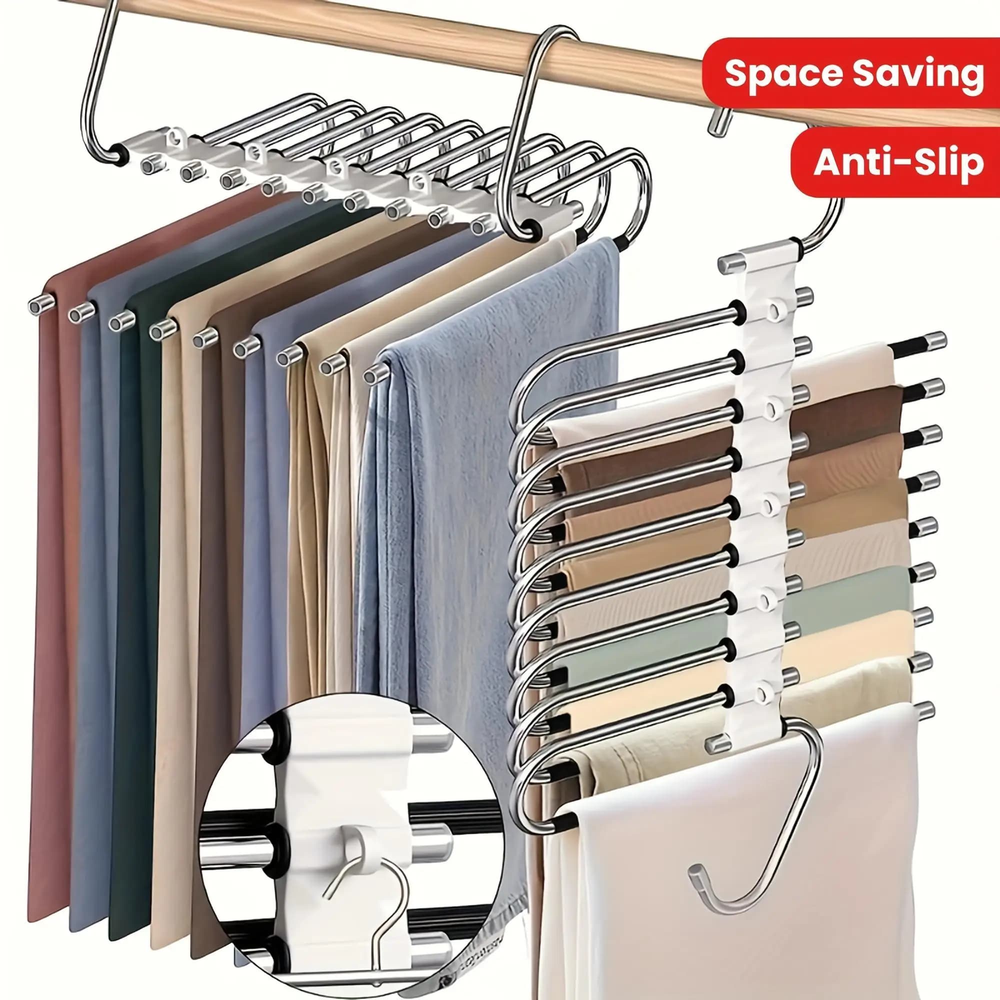 DIY 5/9 Tier Stainless Steel Pants Hangers Space Saving Wardrobe Closet Organizer Non-Slip Trouser Rack Multi-Layer Magic Clothes Hanger for Jeans Slacks Storage with 5 Extra Hooks