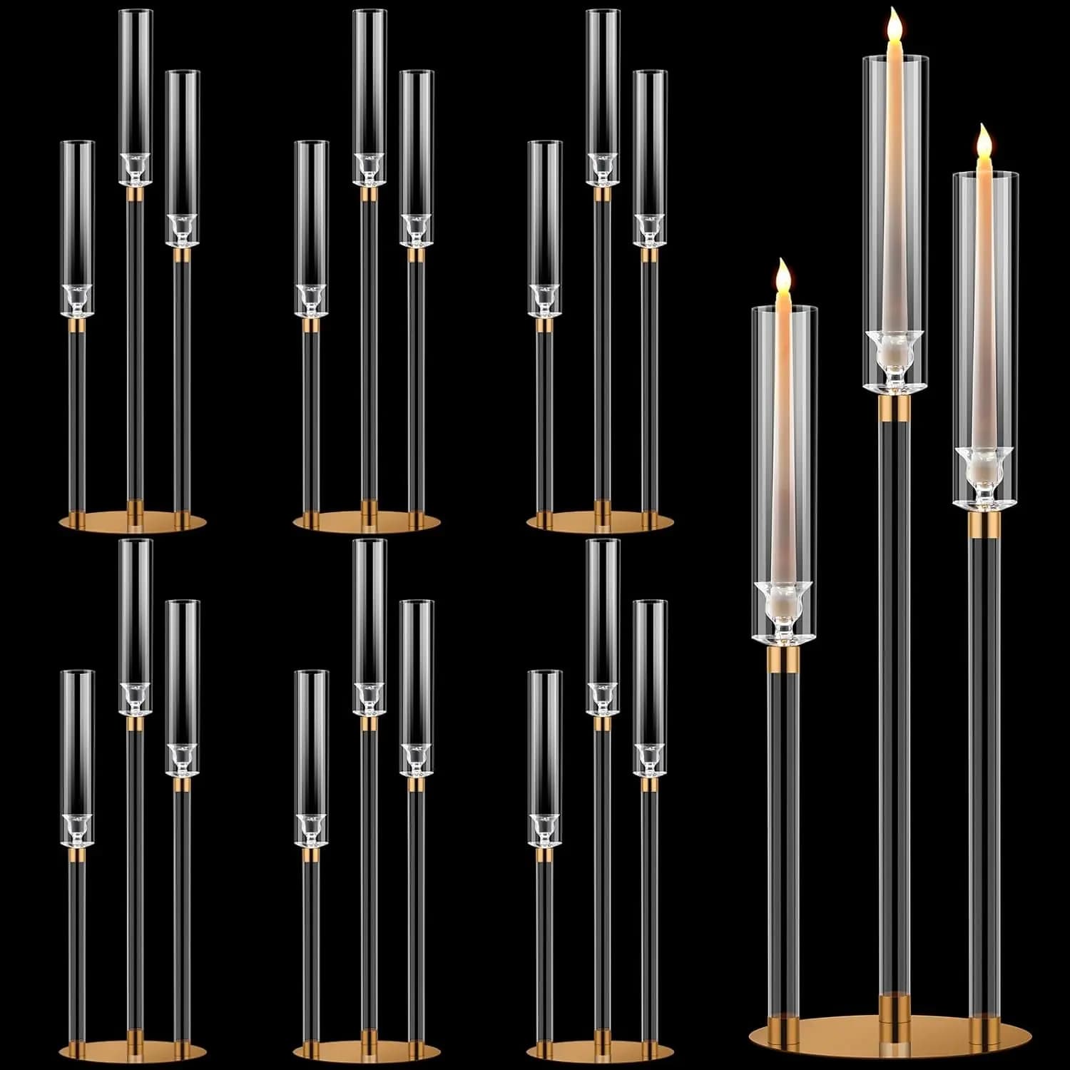 5pcs/10pcs)Acrylic Candelabra Centerpieces Tall Clear Candle Holder Gold 3 Arm Crystal Candlesticks Holder for Wedding Party