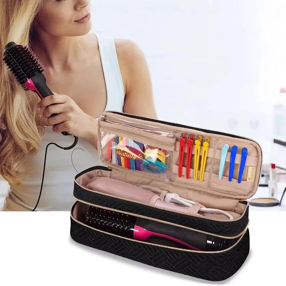 2-In-1 Hair Tools Travel Bag Double-Layer Expandable Hair Dryer Storage Bag Foldable Heat Resistant Curling Iron Storage Bag