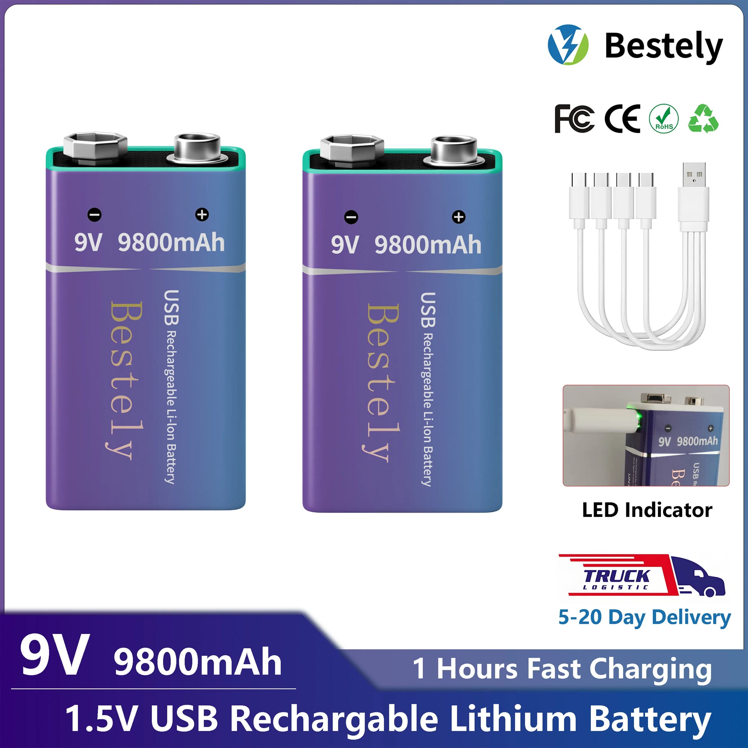 Multimetro/microfono 6F22 Batteria da 9 V Ricarica USB-C Potente rilevatore di fumo al litio ricaricabile 9800 mAh