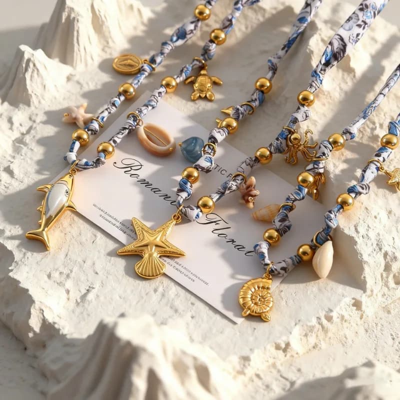 Collana di Lusso con Ciondolo a Forma di Stella Marina, Catenina in Acciaio Inox con Sciarpa in Seta e Corda Intrecciata