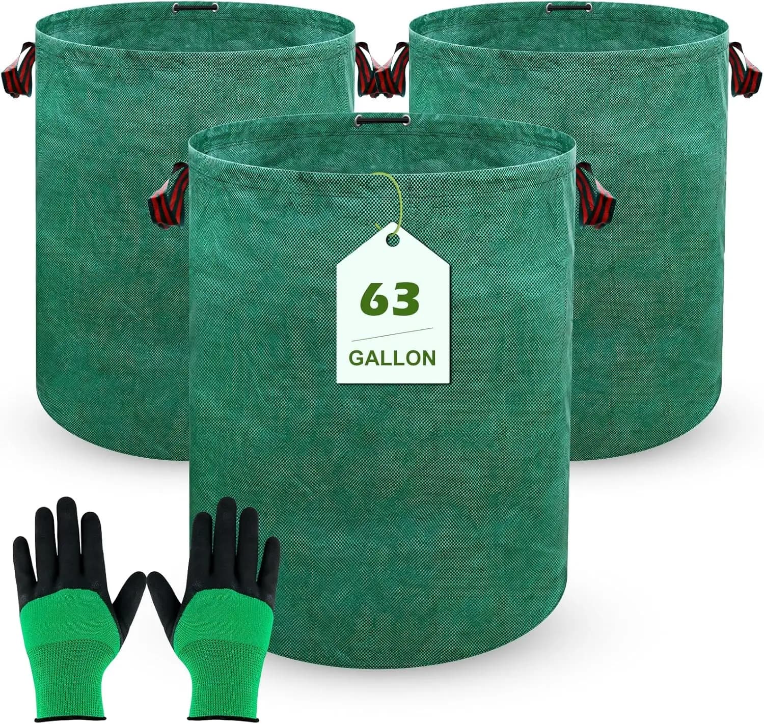 Sacchi per foglie da giardino riutilizzabili da 63 galloni, sacchi per rifiuti da giardino resistenti con guanti da giardinaggio, 4 maniglie, confezione da 3