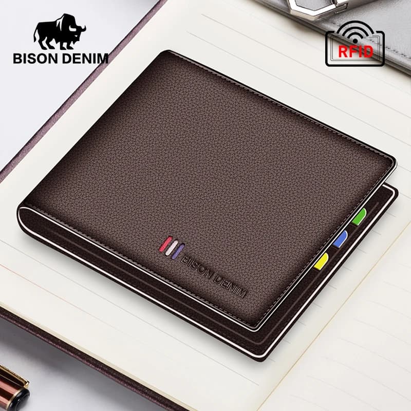 BISON DENIM Portafogli da uomo in vera pelle con blocco RFID Borsa piccola Bifold Porta carte di credito Regalo ideale per padre fidanzato