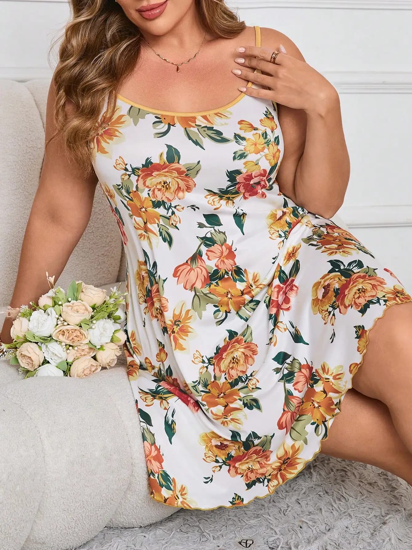 Serenescape Camicia da Notte Plus Size con Stampa Floreale, Abito Estivo Casual Bianco Senza Maniche con Stampa Floreale per Donna, Pigiama, Abbigliamento da Casa, Abbigliamento Casual