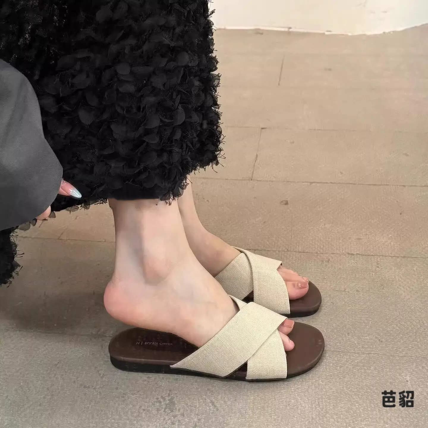 Retro Casual Canvas Slippers Women's Summer New Flat Bottom Sandals Beach Holiday Flat Heels Anti-slip Slip-On Slippers