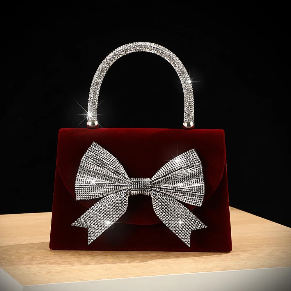 Nuova borsa in velluto con fiocco e strass - lussuosa borsa da sera - borsa a tracolla alla moda