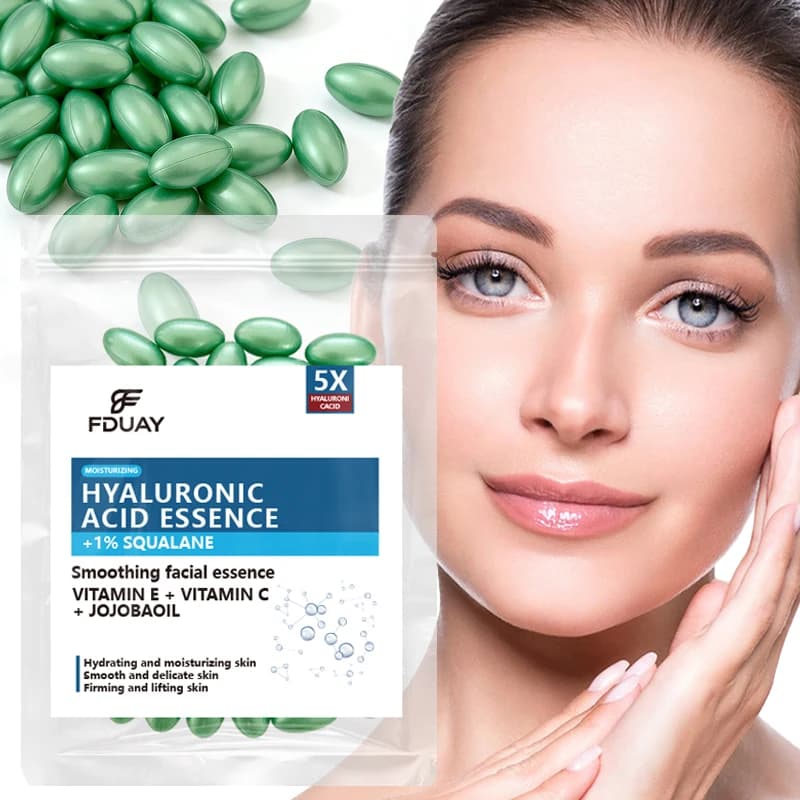 FDUAY Hyaluronic Acid Facial Serum Capsules Moisturizing Smoothing Firming with Squalane Vitamin E Vitamin C Jojoba Oil for Skin