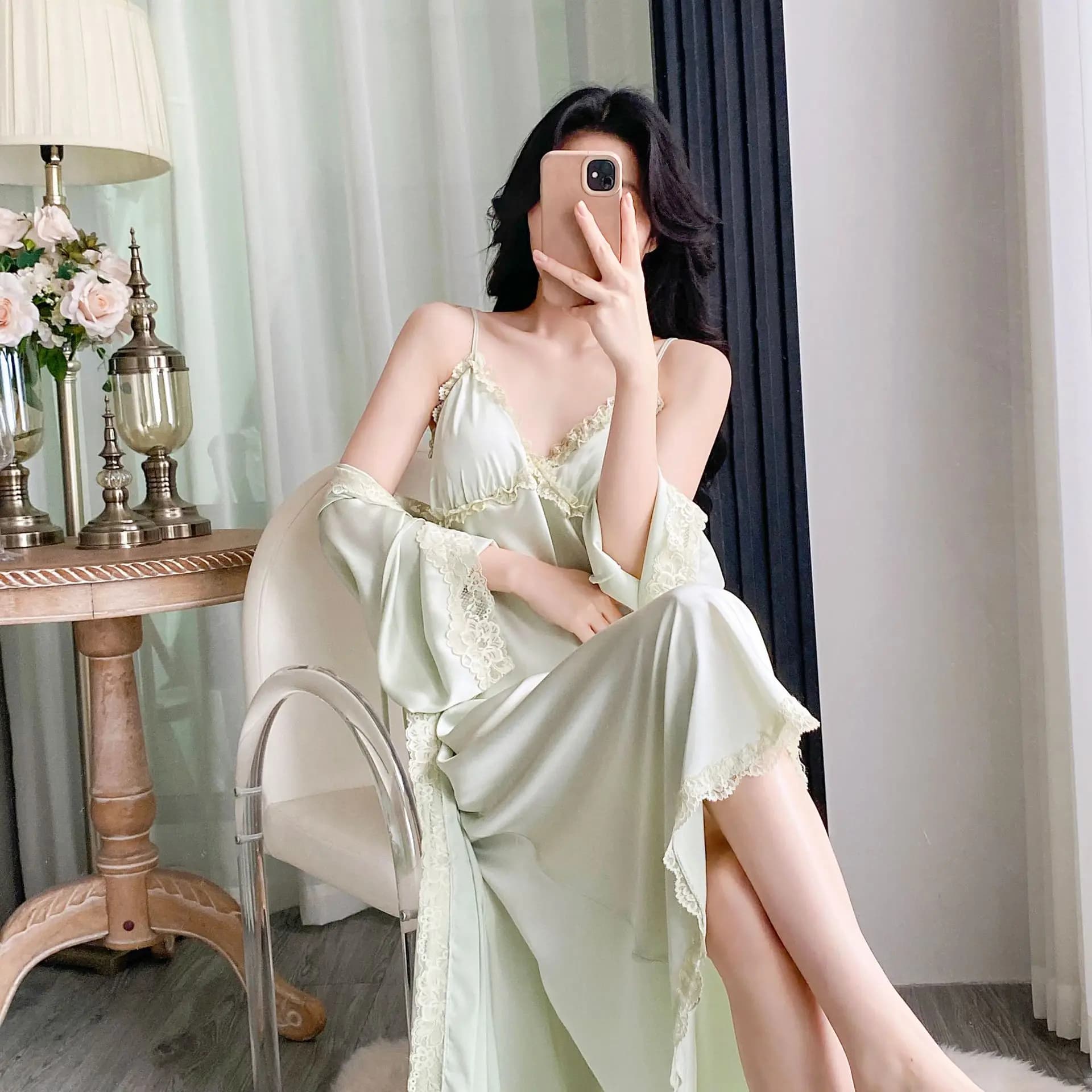 Set Vestaglia Twinset Sexy in Pizzo, Camicia da Notte Lunga, Abbigliamento da Notte per Donne, Vestaglia in Raso, Kimono Primaverile, Abito da Casa, Loungewear