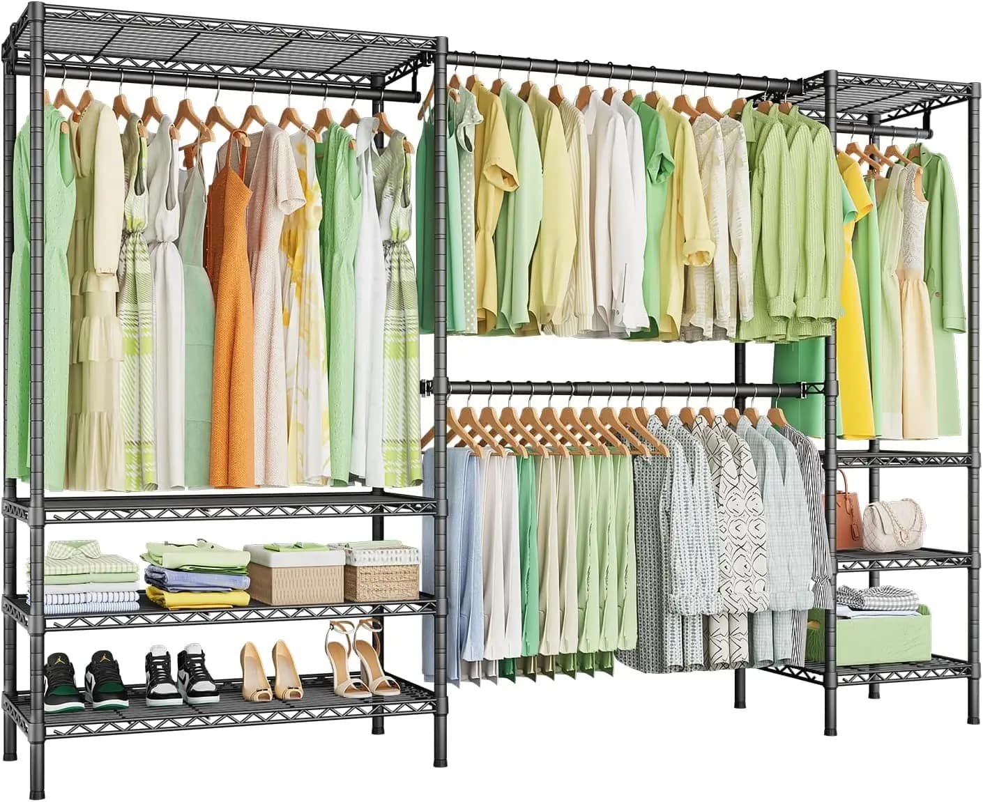 Resistant self-supporting hanger with 8 shelves and 4 clothes racks, adjustable width, black