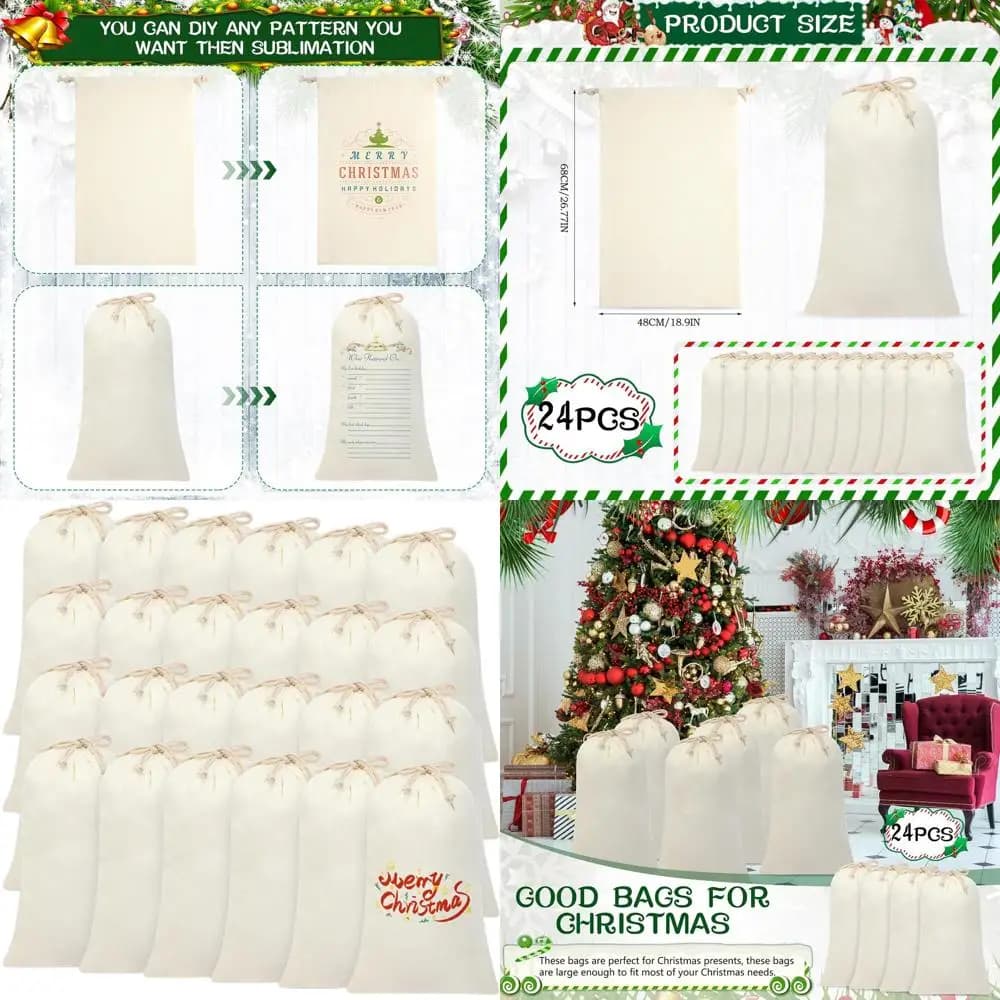 Confezione da 24 sacchetti natalizi grandi con coulisse per regali a sublimazione di Babbo Natale, 26,8 x 18,9 pollici