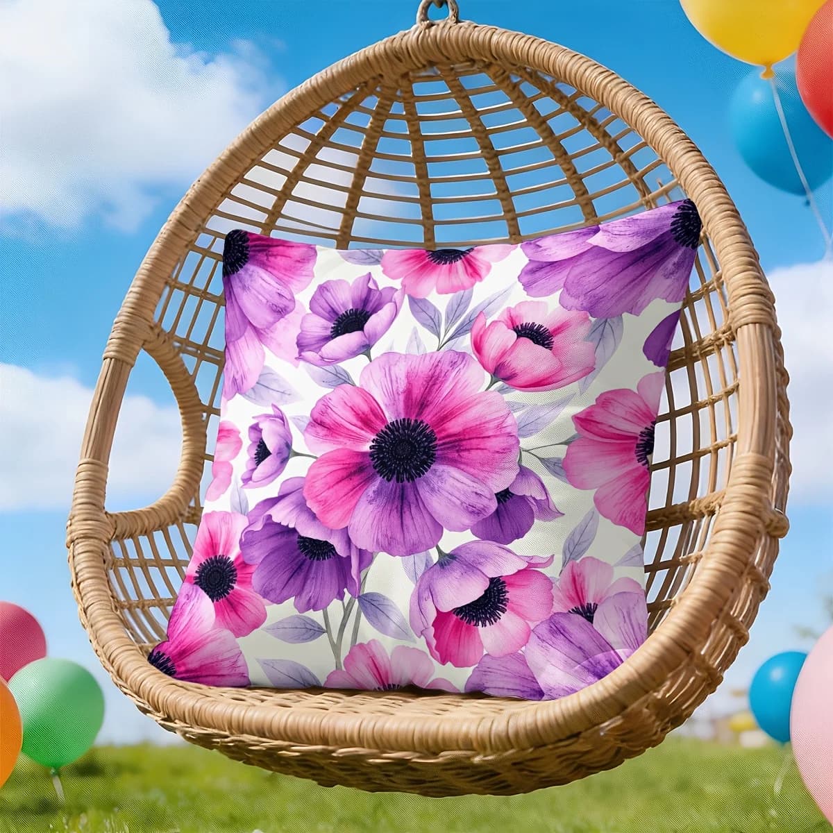 1pc 2D Flat Pillow Not Included Purple Pink Anemone Flower Cushion Cover Short Plush Garden Party Decor Gift Case