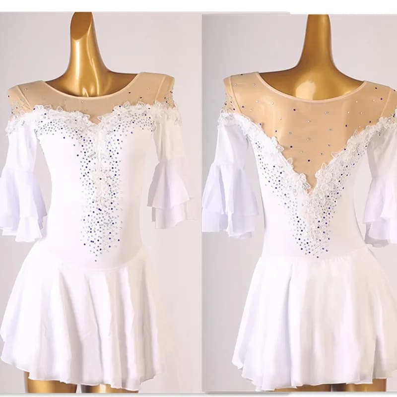 Abito da pattinaggio di figura bianco Abito da pattinaggio su ghiaccio per ragazza da donna Costume da ginnastica strass di cristallo personalizzato B155