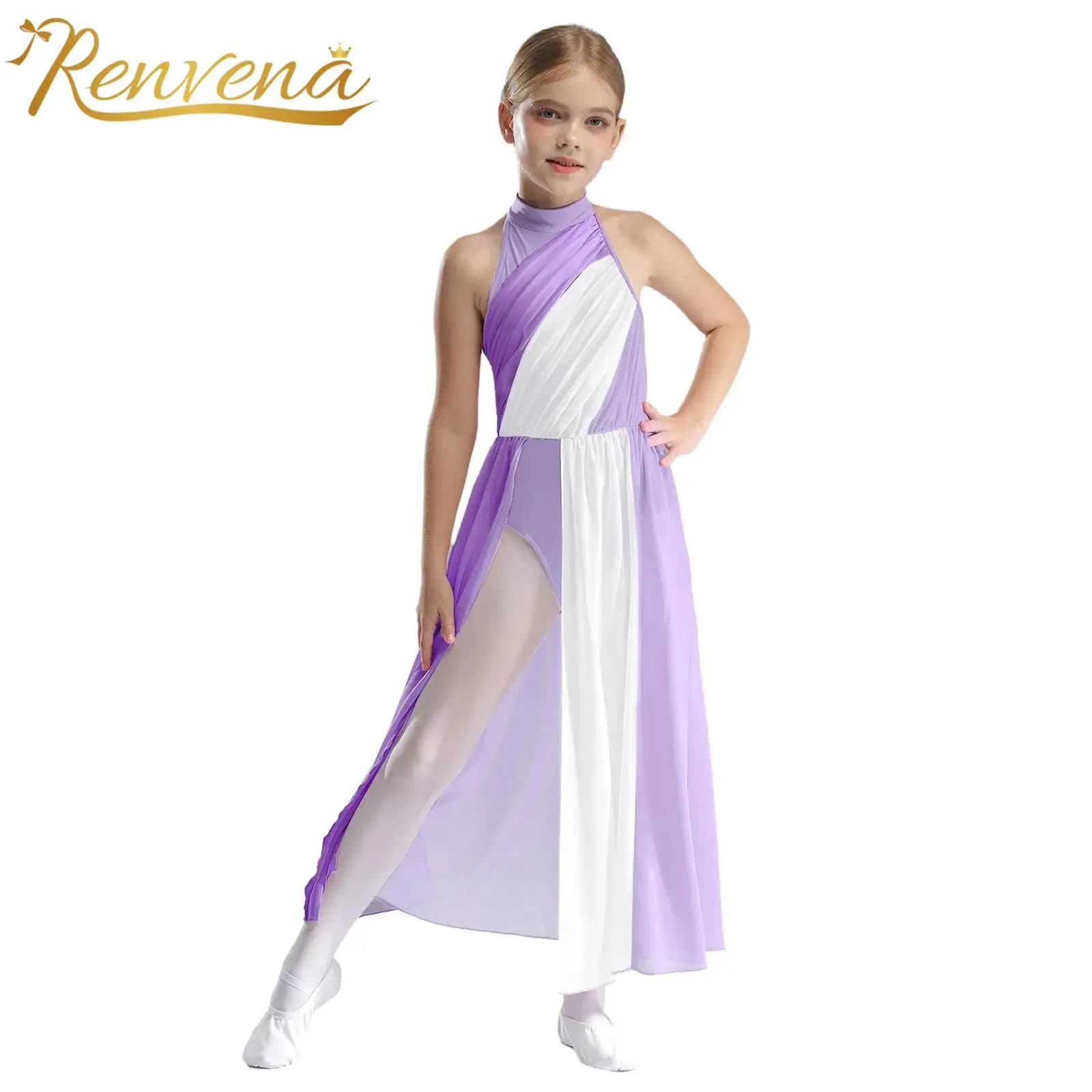 Vestito da ballo lirico per balletto per bambina, pattinaggio su ghiaccio, body da ginnastica diviso in rete con gonna, costume da danza contemporanea