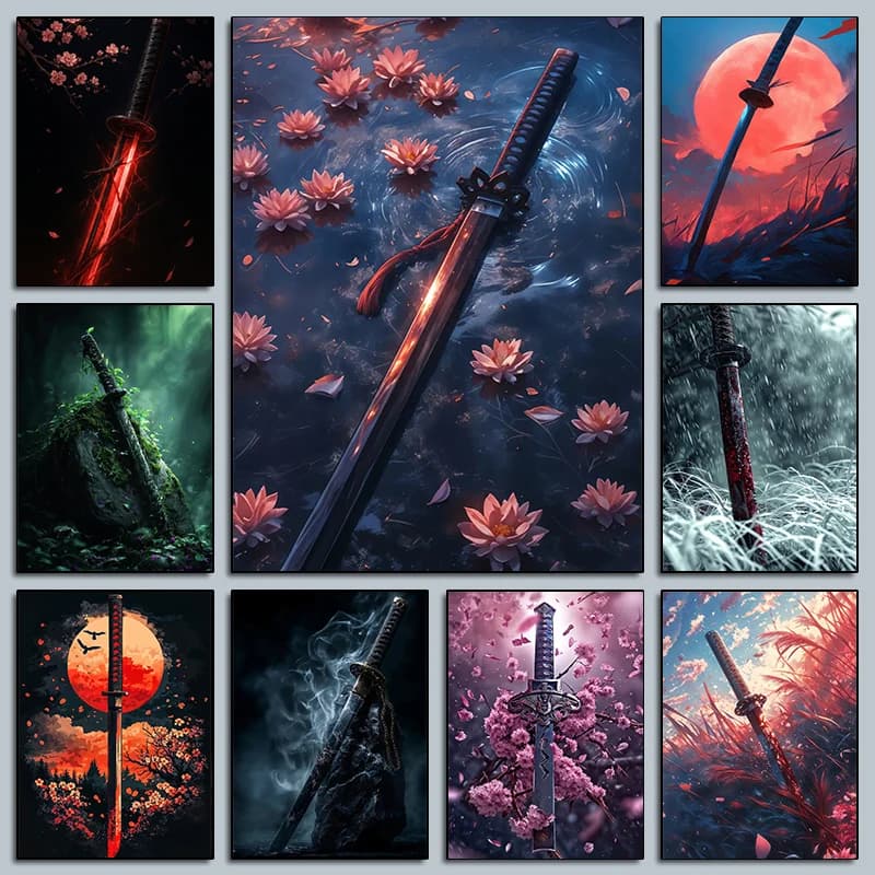 Classic Dark Traditional Japanese Sword Poster Bloodstained Sword Prints Canvas Painting Wall Art Picture Home Living Room Decor