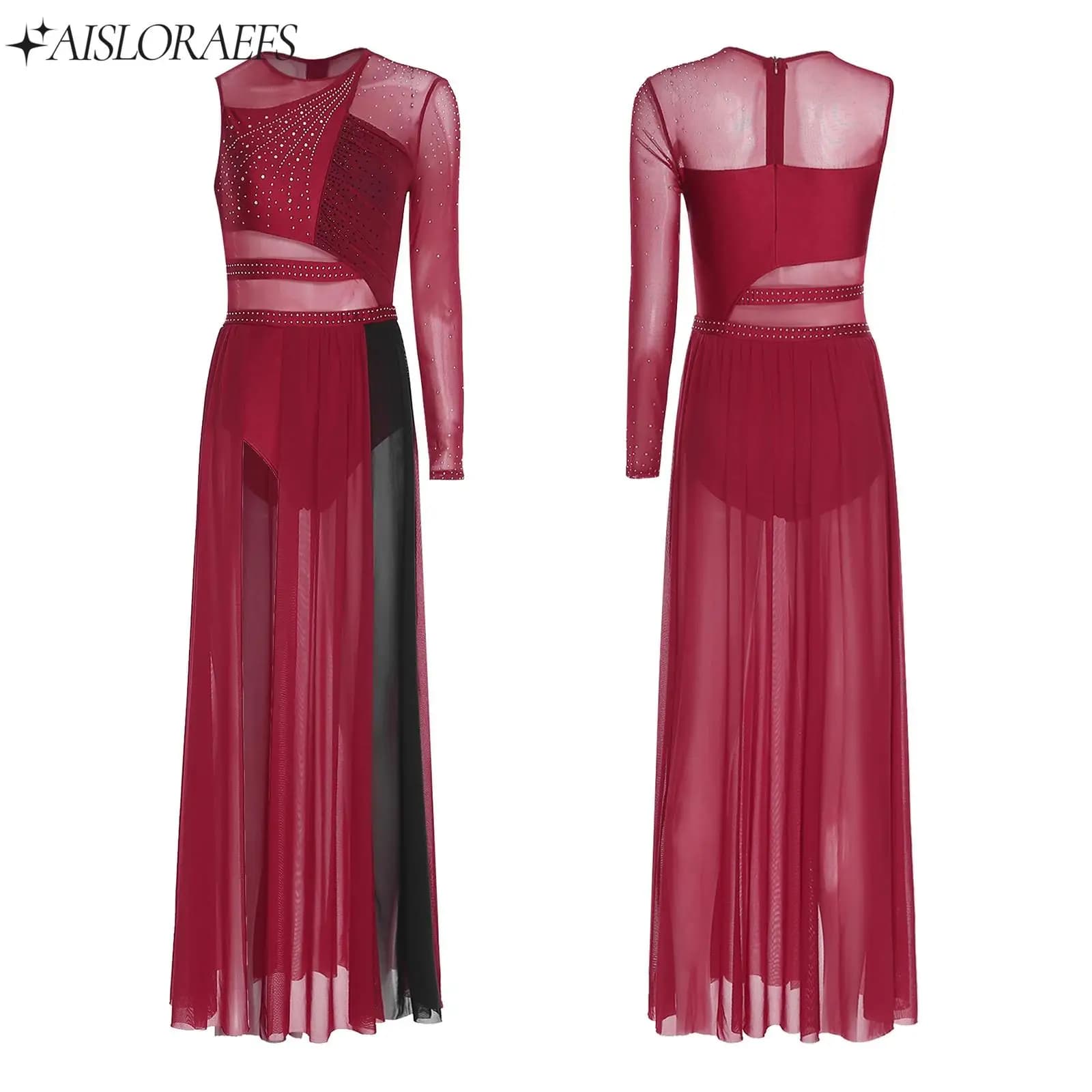 Costume da performance di danza lirica per donne adulte, balletto, ginnastica, pattinaggio di figura, abbigliamento da ballo, strass, maxi abito in rete con spacco laterale