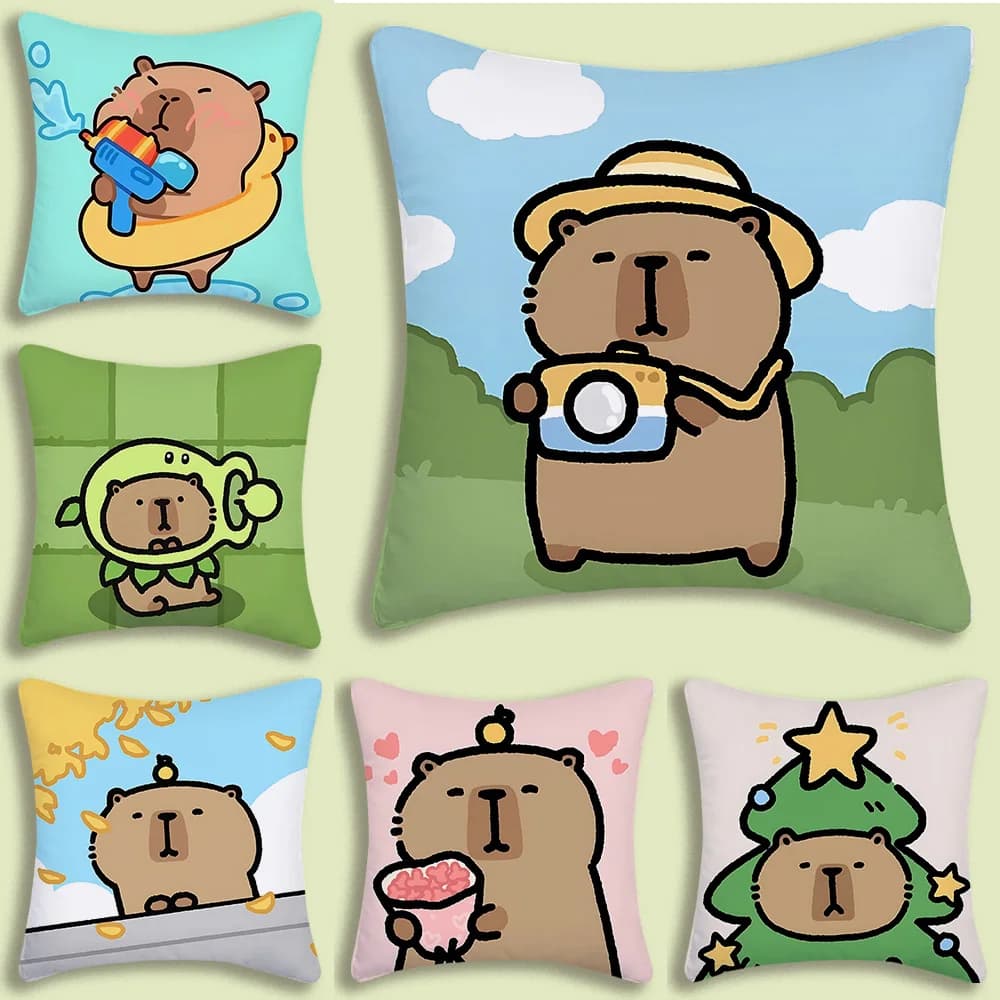Fodere per cuscini Cartoon Capybara Divano Decorativo per la casa Stampa fronte-retro Fodera per cuscino corta in peluche carina