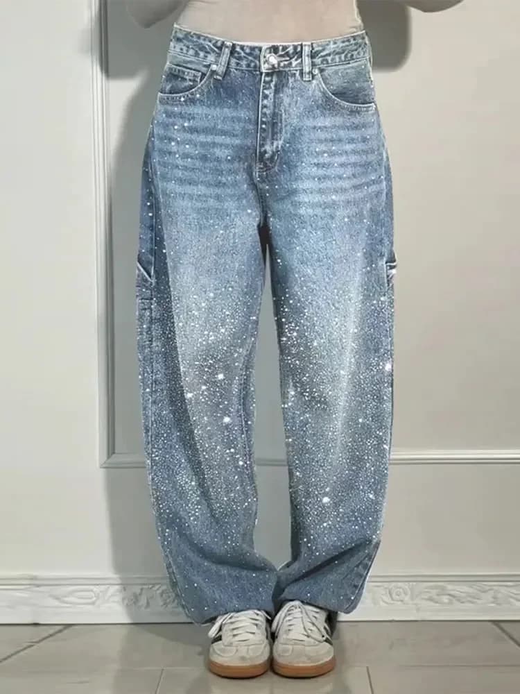 Jeans larghi a gamba larga da donna con strass lucidi Pantaloni in denim a gamba larga con diamanti pieni Pantaloni lavati vintage Pantaloni casual