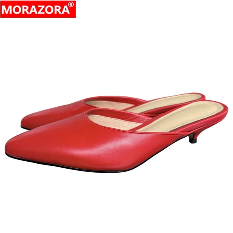 MORAZORA Full Genuine Leather Slippers Women Shoes Stiletto Mid Heels Pointed Toe Summer Mules Ladies Party Street Shoes