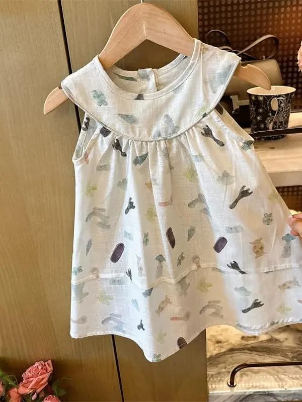 Girls Summer Cartoon Print Dress Sleeveless Lightweight Breathable Vest Skirt Fashionable Hanging Neck Princess Style Cotton ...
