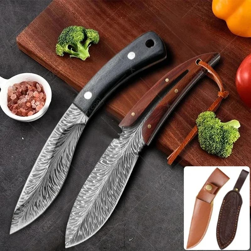 Pocket knife Professional kitchen knives Butcher knife to bone in stainless steel with sheath Mannaia for forged meat with feather pattern