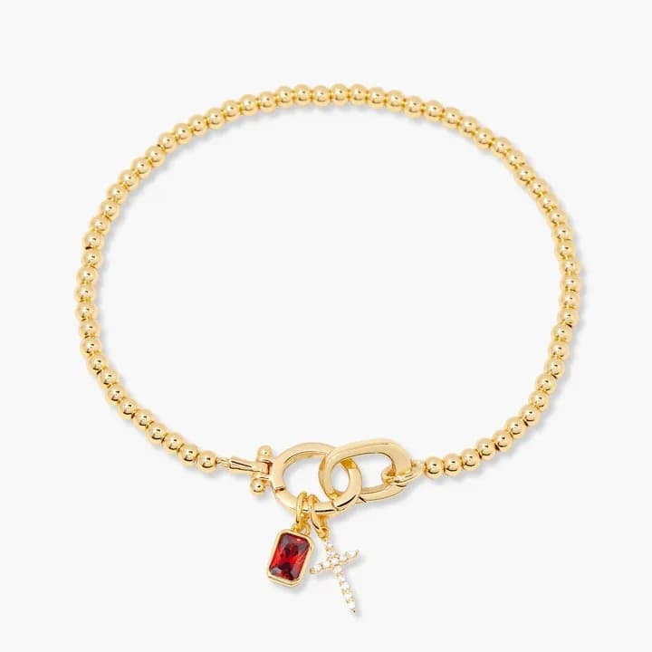 Bracciale con croce personalizzata con pietra portafortuna, regalo di gioielli di fede personalizzati per donne e uomini, regalo di battesimo cristiano cattolico placcato in oro 18 carati