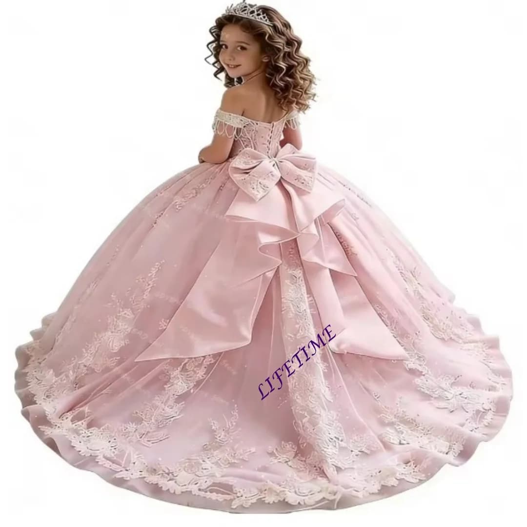 Abito da damigella personalizzato con spalle scoperte e fiori per bambina, in pizzo applicato e tulle, per matrimonio, festa di compleanno o concorso di bellezza