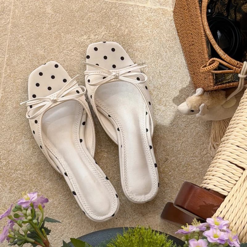 Fashion Satin Butterfly-knot Low Heels Party Dress Slide 2026 New Summer Shoes Designer Square Toe Women Polka Dot Slippers