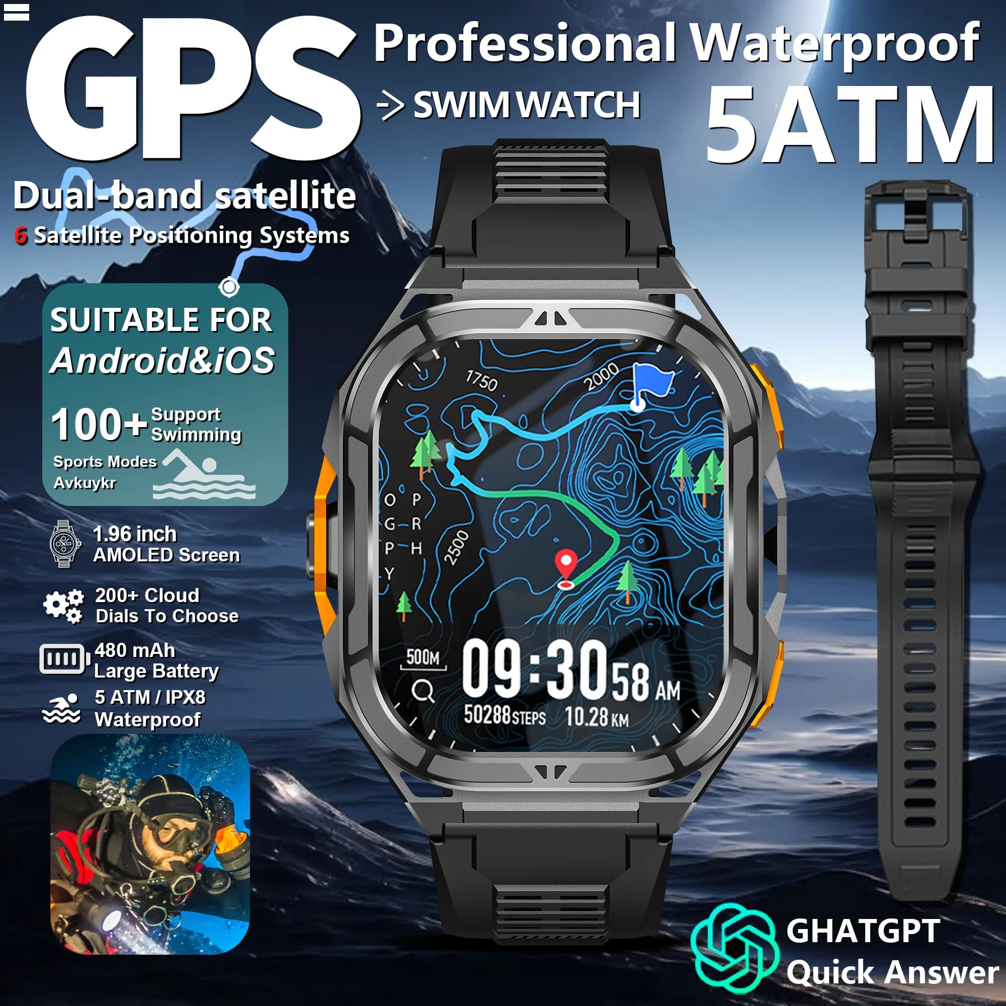 2025 new GPS dual-band positioning sports smart watch compass altitude air pressure 5ATM waterproof heart rate full metal frame