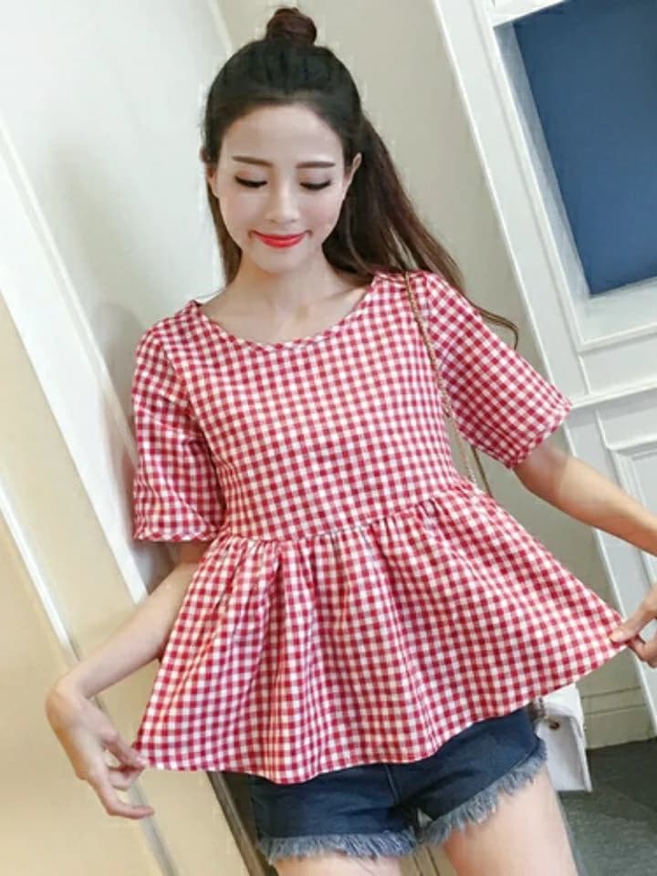 2026 Summer New Korean Style Sweet Personality round Neck Short Sleeve Plaid Shirt Women High Waist Doll Shirt Fluffy Top