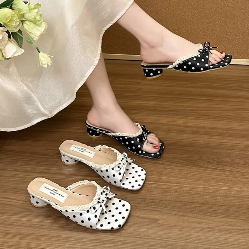 Ciabatte Estive da Donna con Pois, Tacco Spesso, Punta Aperta, Eleganti, con Fiocco a Farfalla, per Vacanze e Outdoor