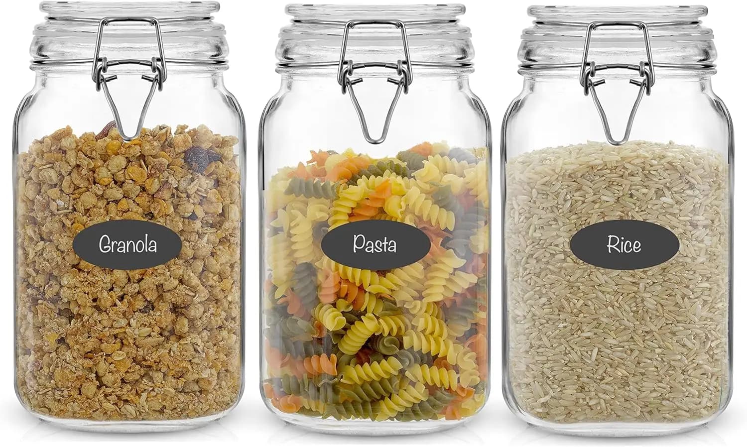 Set di 3 barattoli in vetro ermetici con coperchi. Barattolo in Vetro da 50oz con Coperchio e 6 Guarnizioni in Silicone! Contenitori in Vetro per Alimenti Med Glass Squa