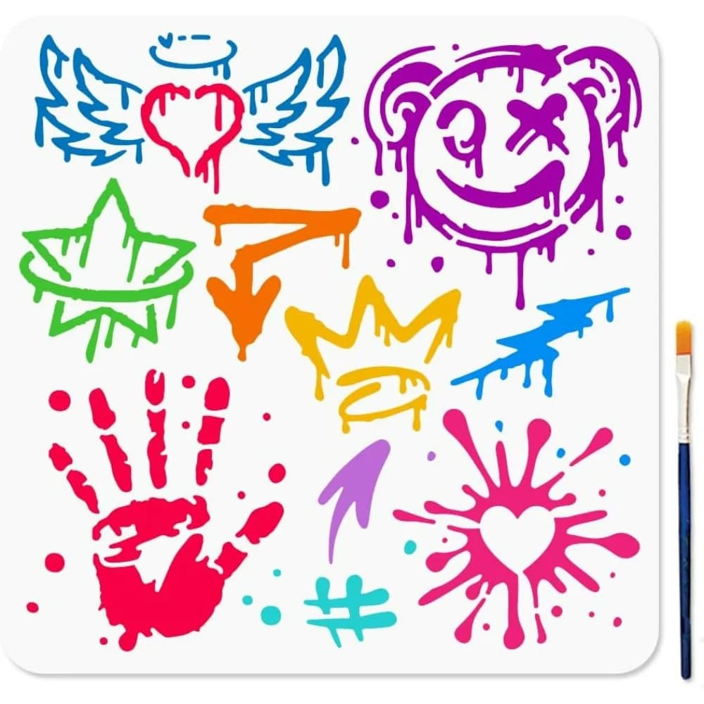Stencil per graffiti per dipingere 11,8 × 11,8 pollici Palm Star Freccia Cuore Stencil per graffiti con pennello Corona di piume riutilizzabile