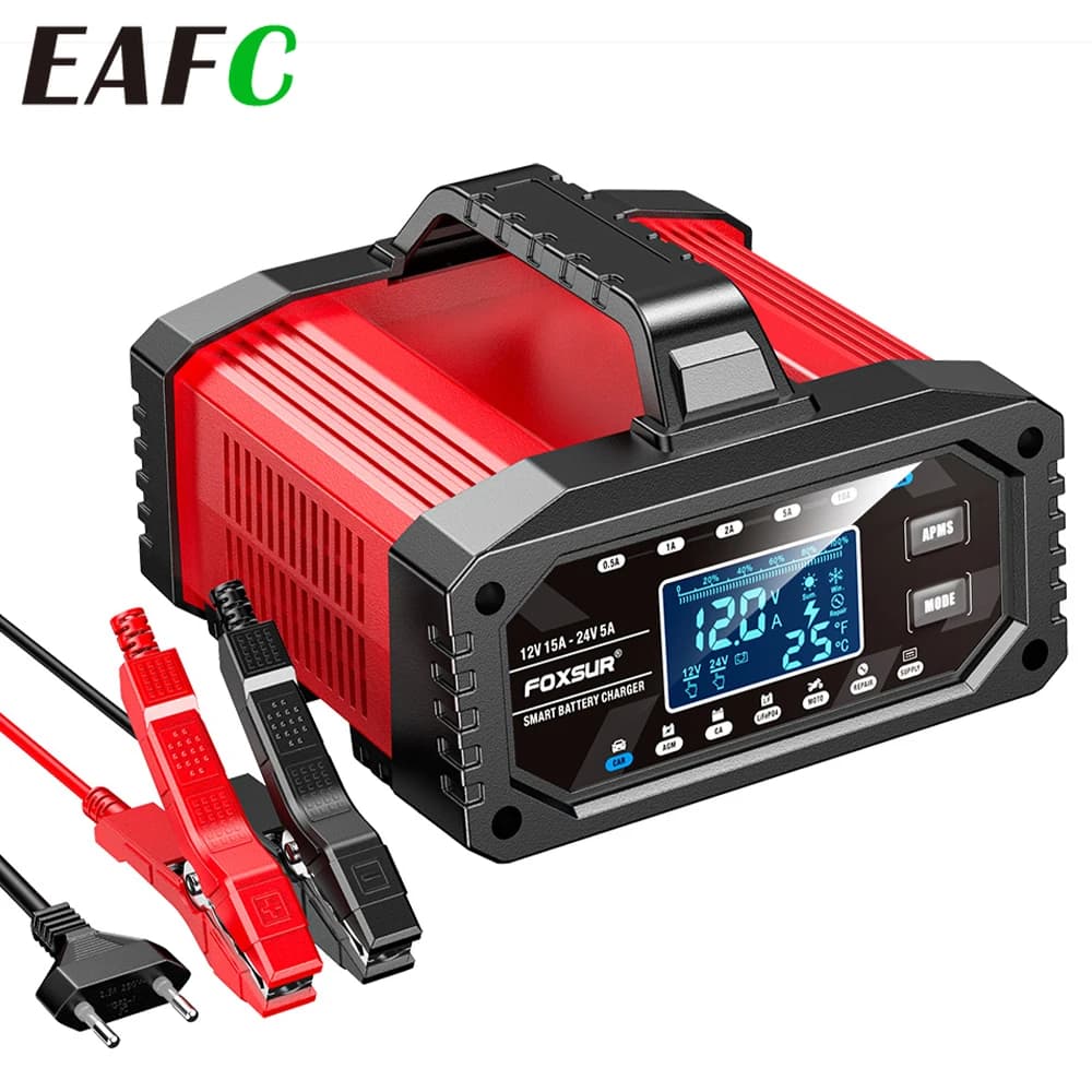 EAFC 12V/24V Car Charger 15A 5A Intelligent Charger Car Repair Function RV ATV AGM LiFePo4 Batteries