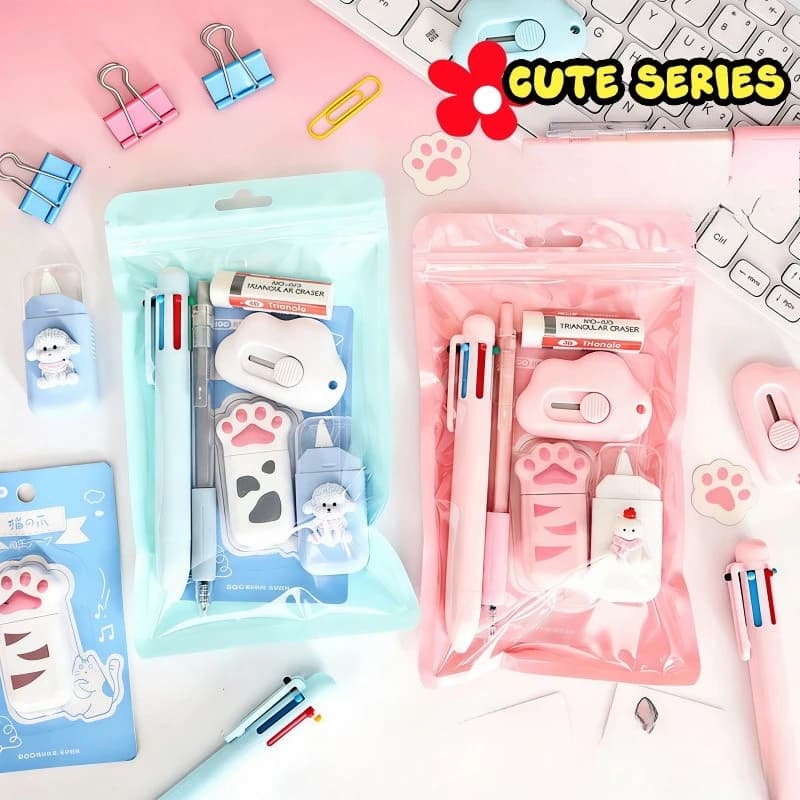 6Pcs Kawaii Cat Paw Stationery Set 6-Color Pen Gel Pen Eraser Correction Tapes Art Knife Cute School Supplies for Kids Gifts