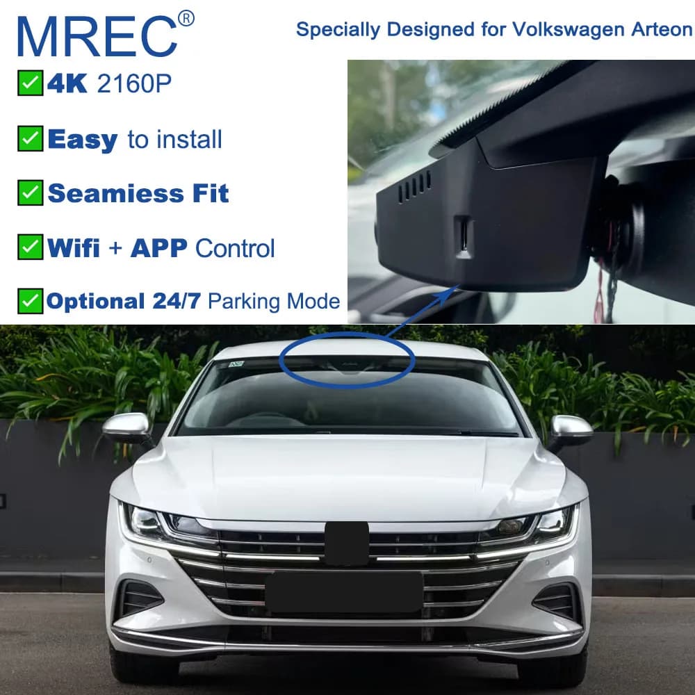 MREC Dash Cam Car Camera OEM Style Wifi APP Plug Play Loop Recording Parking Monitoring Front and Rear 4K for Volkswagen Arteon