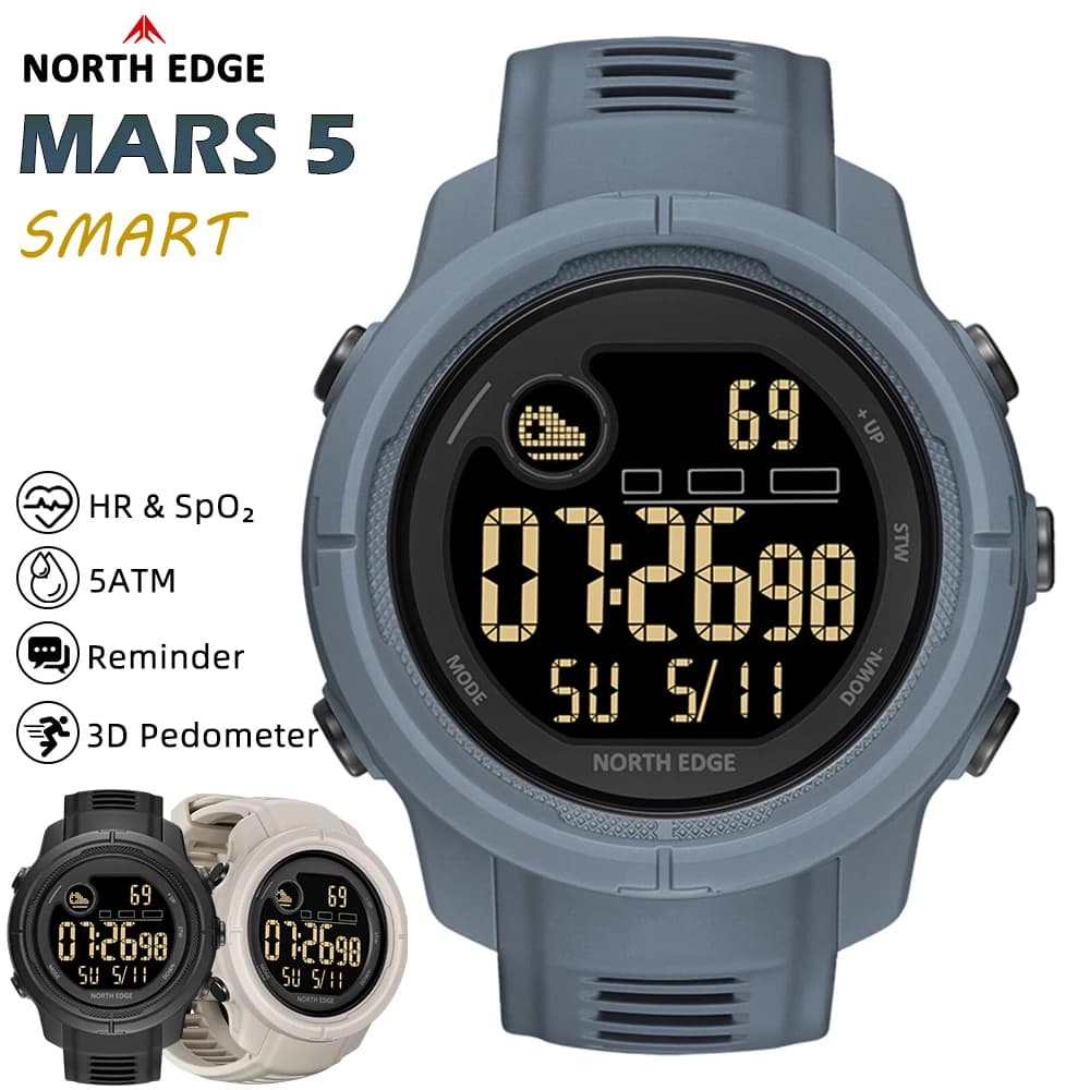 NORTH EDGE Orologio digitale da uomo nuovo Frequenza cardiaca Calorie Pedometro Monitoraggio dell'ossigeno nel sangue Sport Impermeabile 50m Smartwatch MARS 5