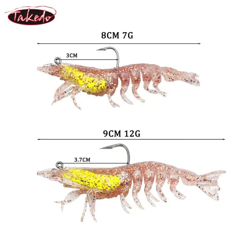 TAKEDO 7G 12G TPR Shrimp Lure Dirty Prawn Soft Lure Segmented Body with UV Weighted Jig Hook For Bass Pike