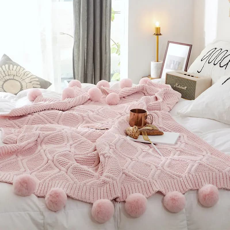 Coperta in ciniglia stile INS con pompon, morbida e delicata sulla pelle, copertura per condizionatore d'aria, accessorio estetico per l'arredamento della casa per divano