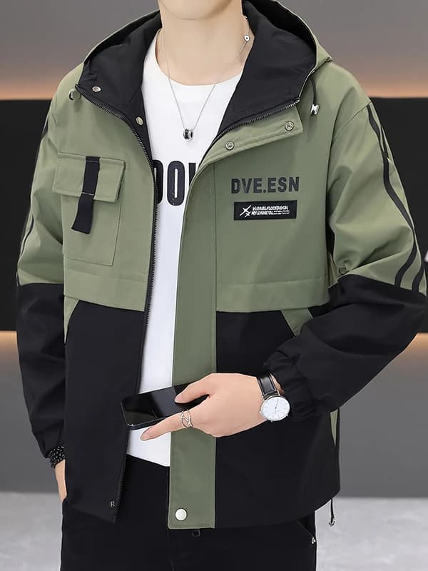 Giacca Casual da Uomo con Cappuccio, Bicolore, Trendy, Primaverile/Autunnale, Ampia, in Fibra di Poliestere, Calda, alla Moda, Stile Streetwear