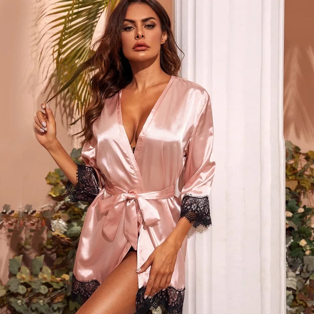 Women's Sexy Home Dress Lace Patchwork Lingerie Satin Dress Set Bed Clothing Casual Nightwear Kimono Dress House Night Shirt