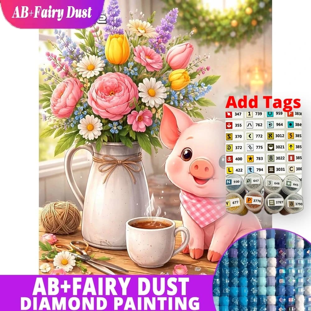 AB Fairy Dust Cartoon Diamond Mosaic Piglet Flower Coffee Table Full Square Round Painting Picture Embroidery Wall Art Decor
