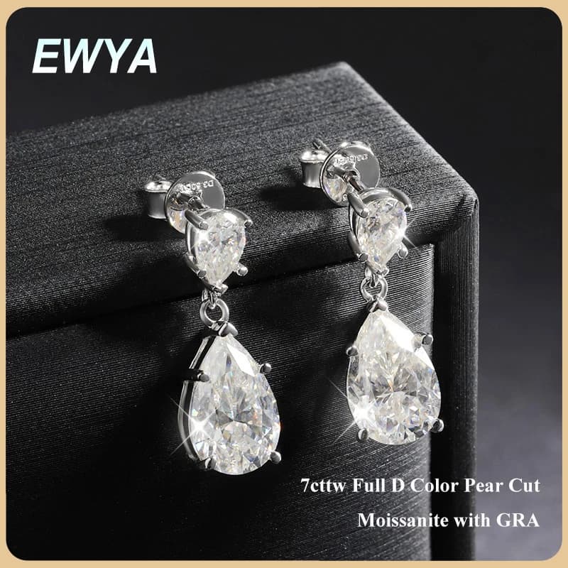 EWYA Pear Cut Mossanite Gemstone Drop Earrings 7*11MM for Women Lab Grown Emerald Pink Padparadscha Wedding Party Stud Earring