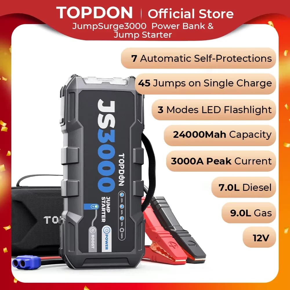 Topdon JS3000 3000A Jump Starter Power Bank 12V Dispositivo di avviamento per auto 24000Mah Batteria Jump Start per Booster per 9L Gas e 7L Diesel