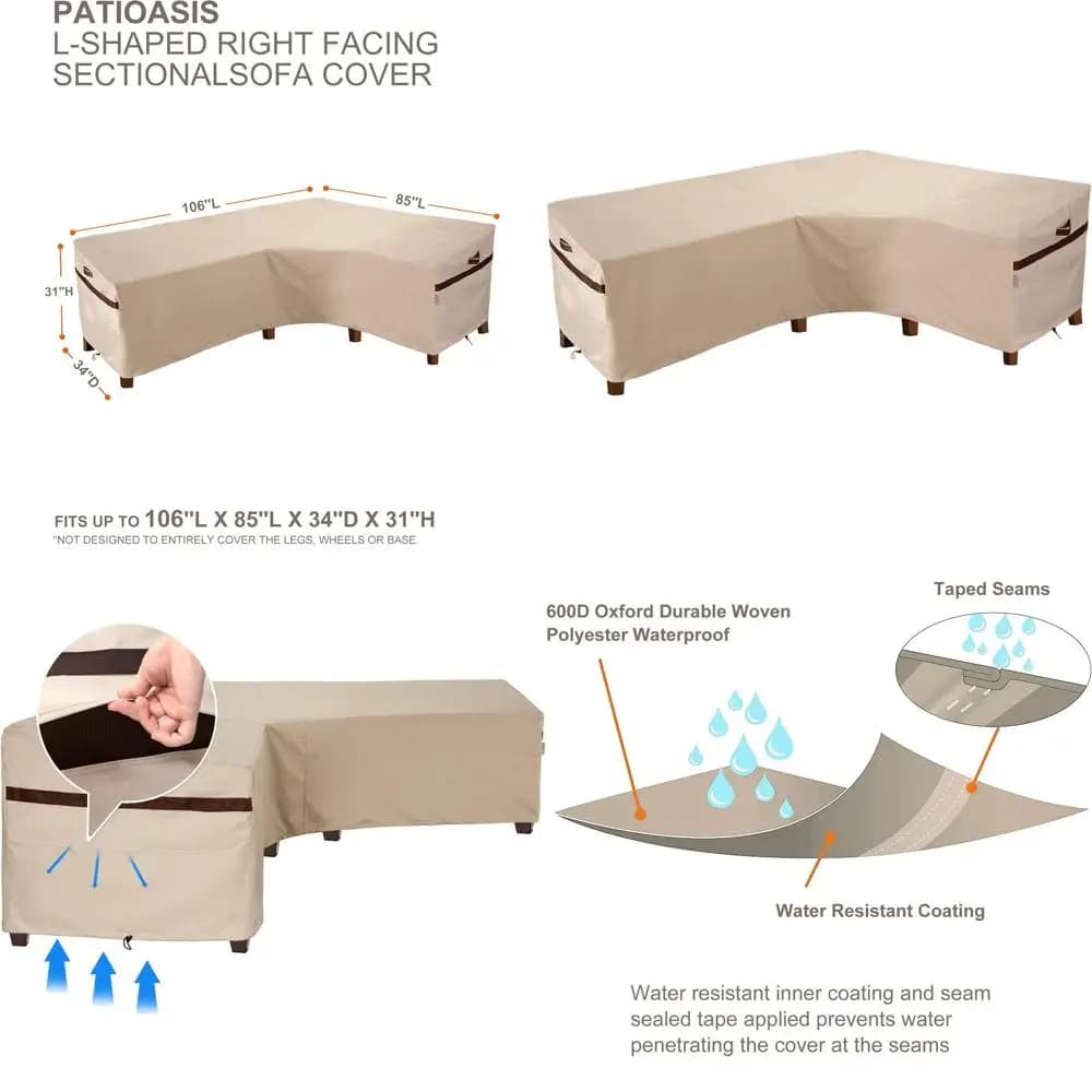 L-shaped outdoor sofa cover, 106L x 85W x 34P x 31/26H, waterproof furniture cover