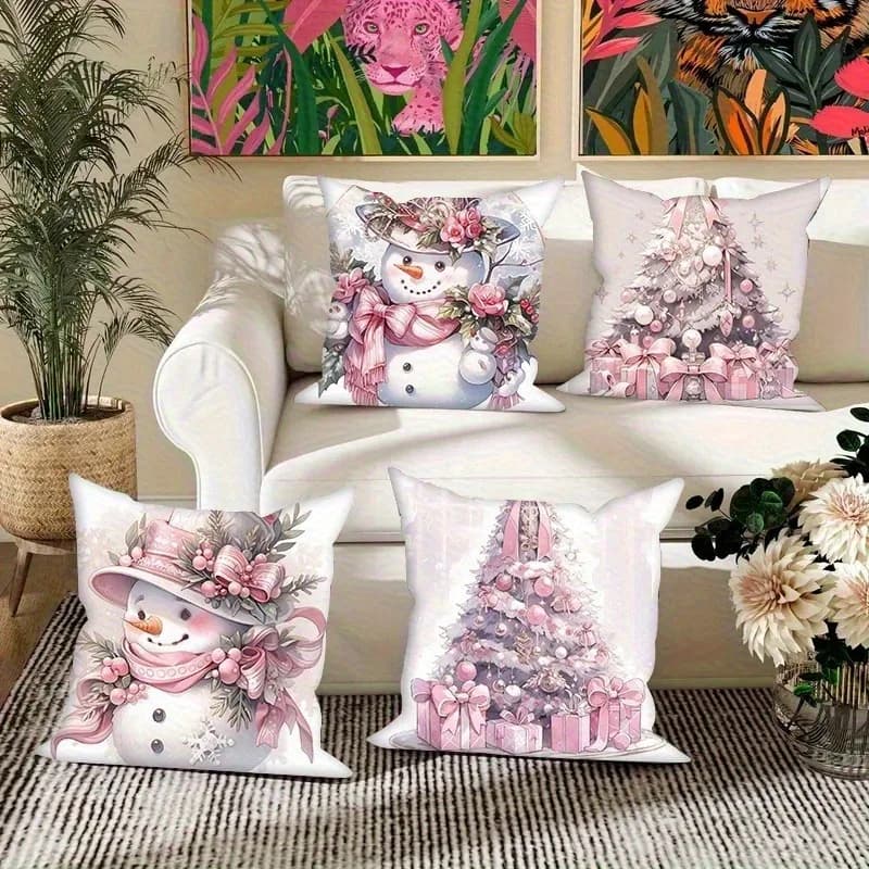 Federe natalizie rosa: disegni di pupazzo di neve e albero per divani festivi per la decorazione della casa, federe per cuscini per la camera da letto, regali natalizi