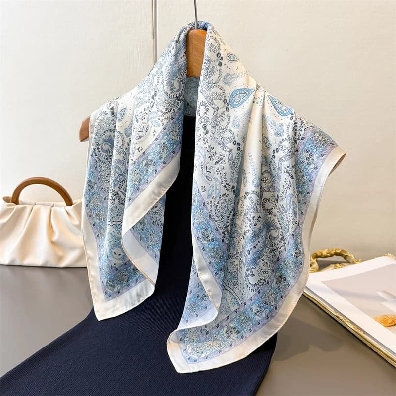 Women's Vintage Thin Satin Scarf Floral Print Hairband Spring Small Square Scarfs Versatile Tying Hair And Bag 70x70cm Shawl