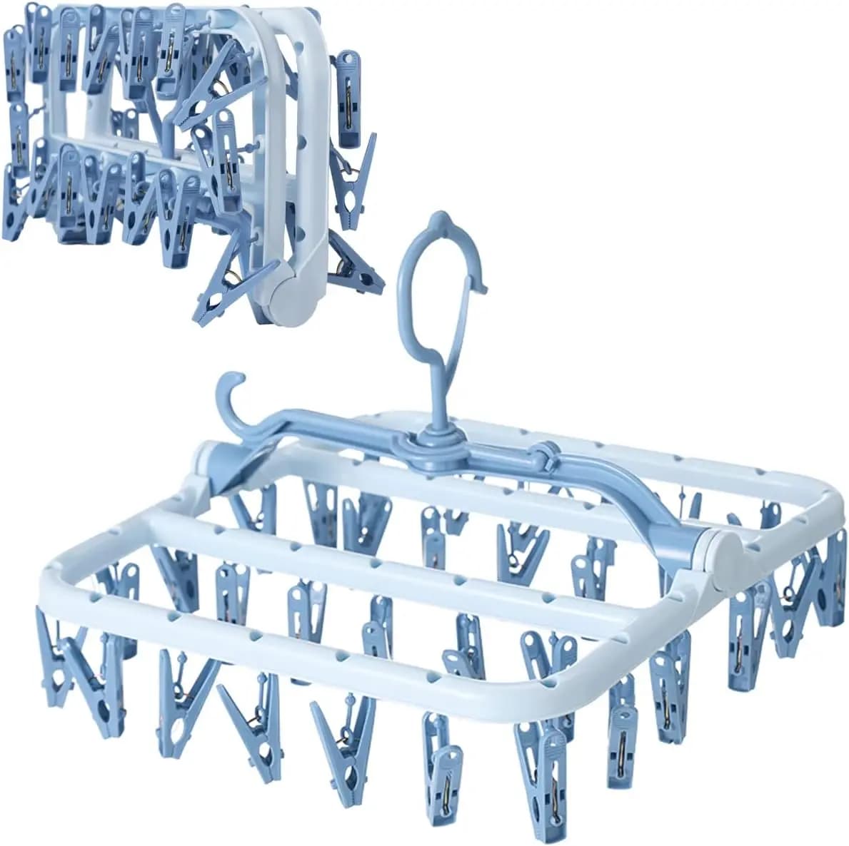 Stendibiancheria pieghevole con 32 clip per calzini, reggiseni, biancheria intima, gancio antivento, 360 ° Appendiabiti Girevole per Lavanderia