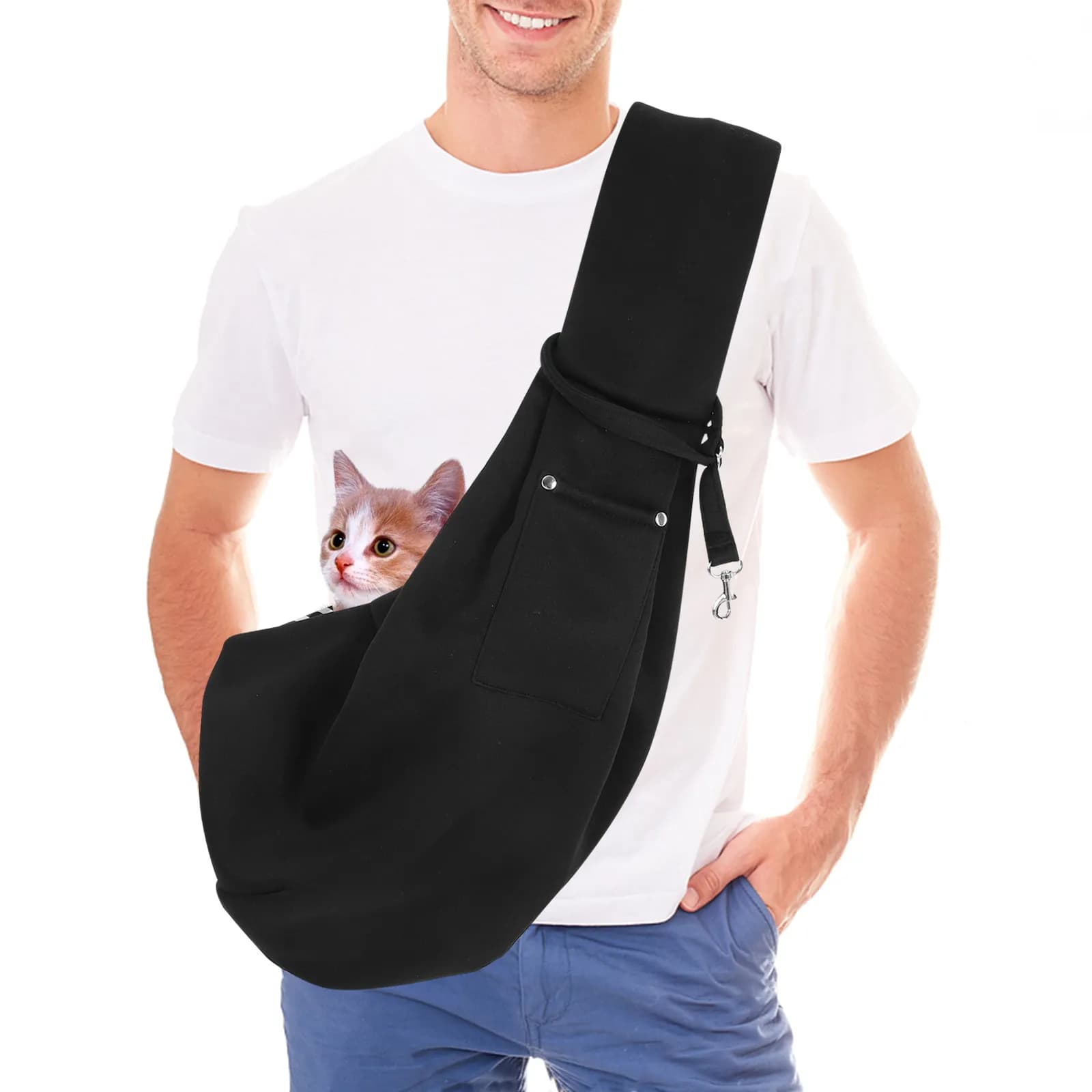 Borsa a Tracolla per Trasporto Animali Domestici, Traspirante, con Cinghia Regolabile, per Cani e Gatti, Imbracatura di Sicurezza, Nera, con Scomparto Portaoggetti