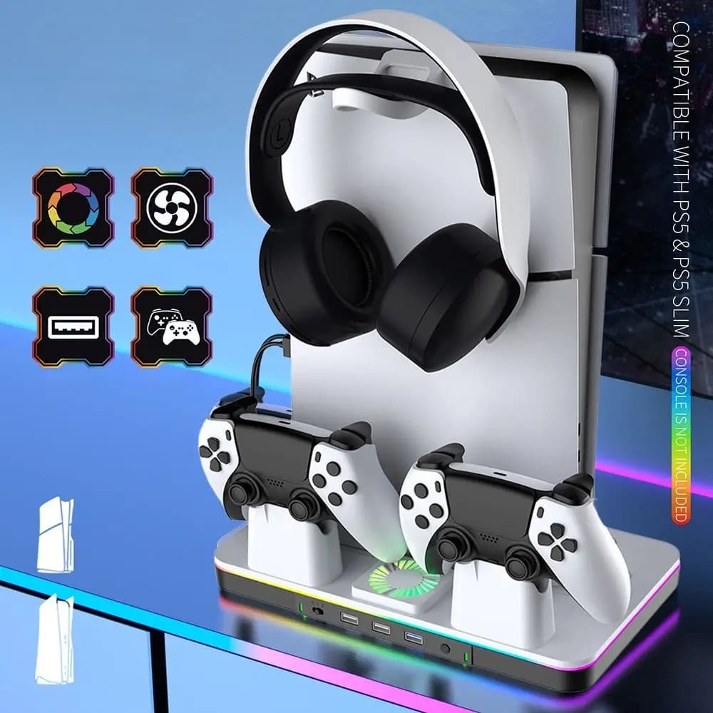 Supporto di ricarica per controller multifunzionale con supporto per cuffie Supporto di raffreddamento a basso rumore Ricarica rapida per PS5/PS5 Slim